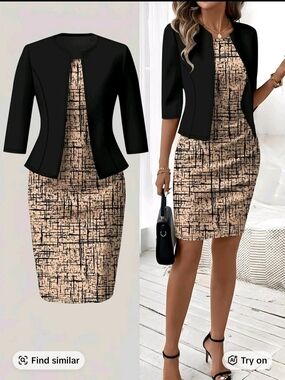 Black Jacket with Beige Patterned Pencil Skirt Set